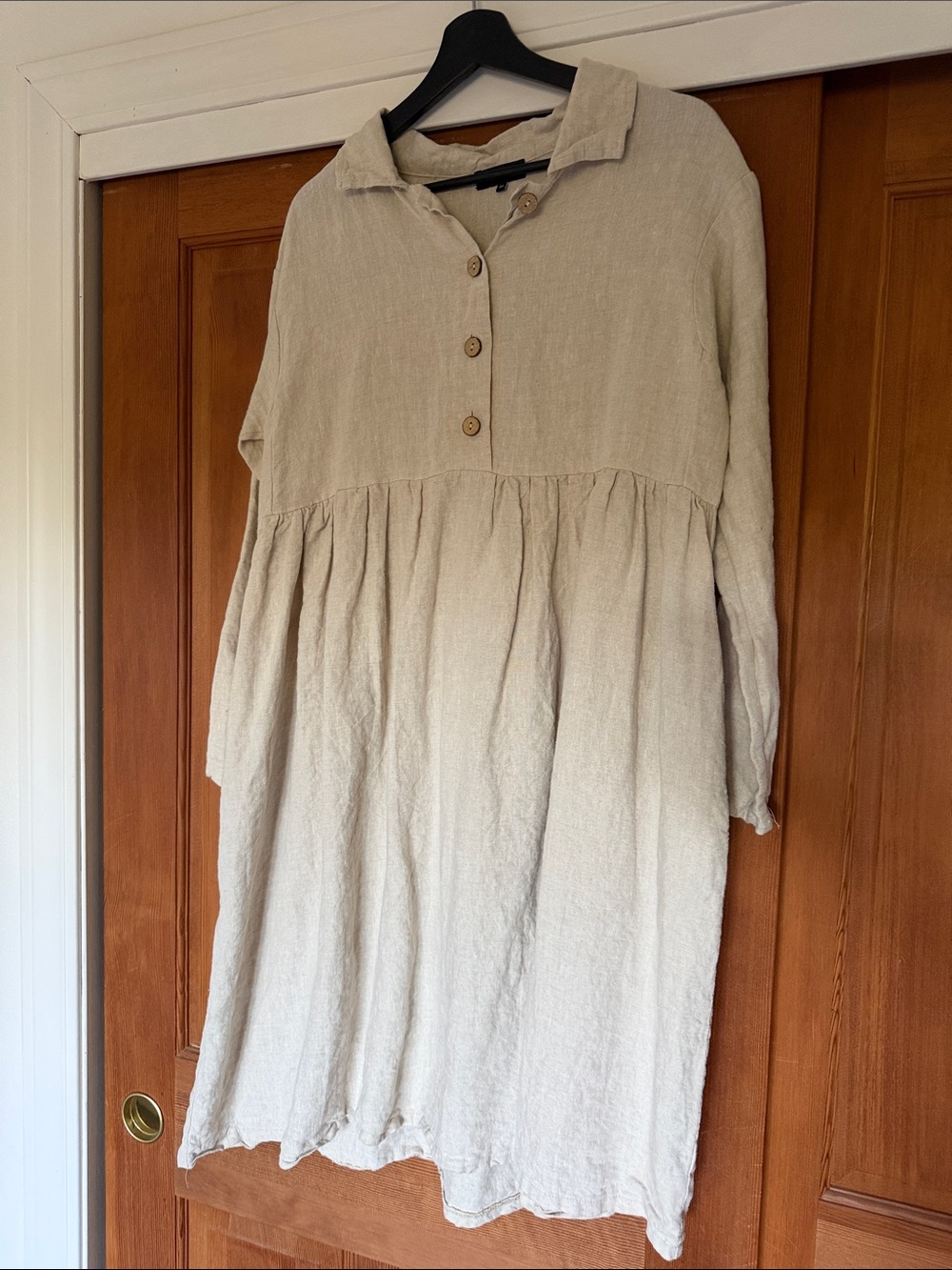 Relaxed Long-Sleeve Dress in Natural Linen